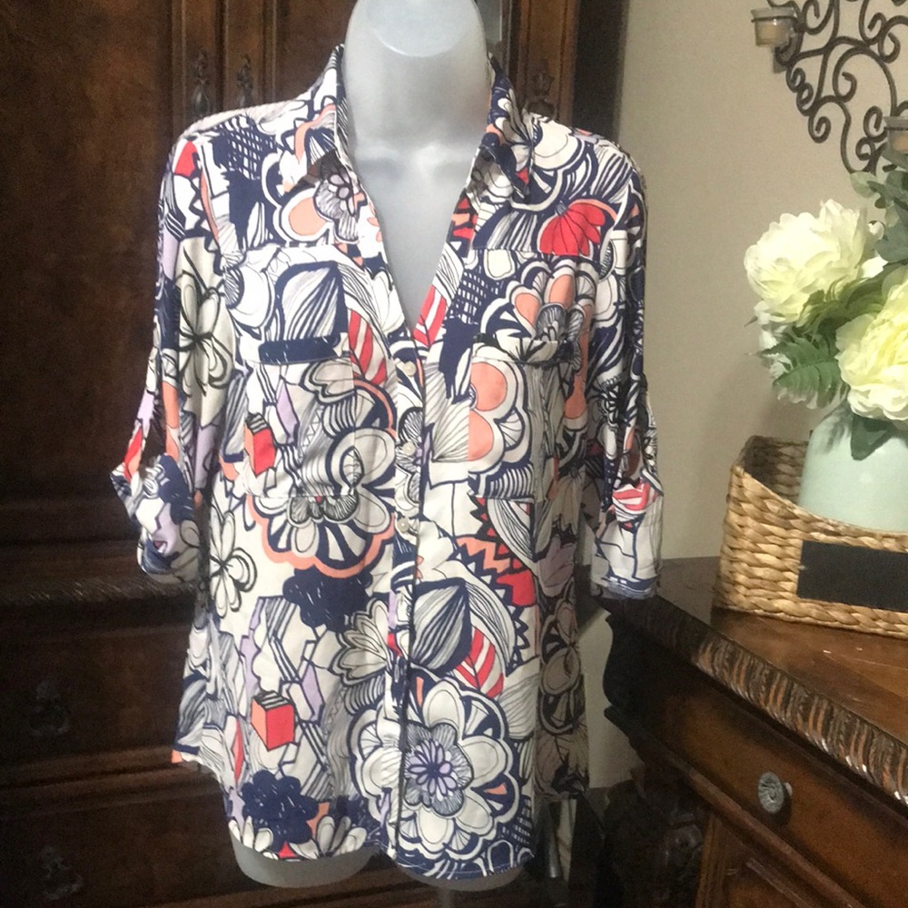 Express Blue and White Cuffed Sleeve Button Down Blouse